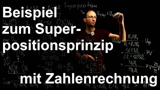 Netzwerkberechnung mit dem Superpositionsprinzip an einem einfachen Beispiel erklärt mit Zahlenrg [upl. by Airretnahs]