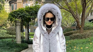 Luxury mink fur coat with hood and silver fox trim [upl. by Heindrick]