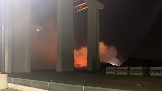 Fire burns under I480 Valley View bridge [upl. by Arta]