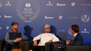 Hamilton amp Ricciardo react to Rosberg retirement discuss 2016 season [upl. by Nnaasil]