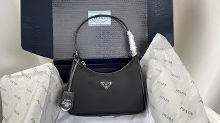 PRADA REEDITION 2005 HOBO NYLON MINI BAG BLACK UNBOXING [upl. by Hanae]