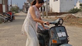 Girl ready to ride Bajaj Chetak scooter😎 [upl. by Elolcin]