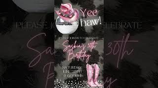 Disco Ball Cowgirl Birthday Drinks Invitation Pink Party Invite Western Country Boots Rodeo Party [upl. by Chin946]