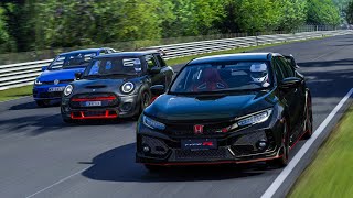 MINI John Cooper Works GP3 vs Golf R Civic TypeR amp Megane RS at Nürburgring  Assetto Corsa [upl. by Nanis]