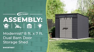 Modernist® 8 ft x 7 ft Dual Barn Door Storage Shed Assembly Video [upl. by Ettenad]