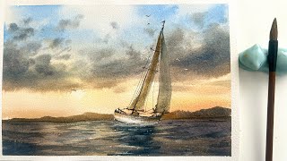 Painting process of watercolor sailboat and seascape [upl. by Llenrod]