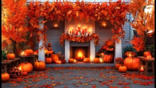 Autumn Porch with Cozy Fire 🎃 Halloween Jazz and Fall Wind for a Relaxing Night Atmosphere [upl. by Nosduj743]