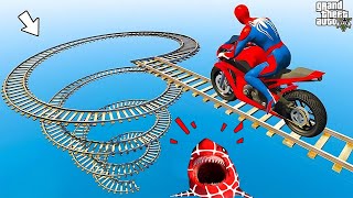 الأبطال الخارقين على القضبان دوامة قمع جسر  SPIDERMAN on Motorcycle in Spiral Bridge Stunt Ride [upl. by Sucul]