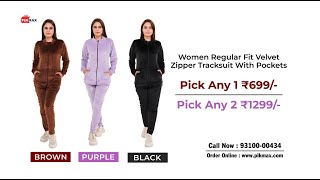 Women Regular Fit Velvet Zipper Track Suit With Pockets  PIKMAX [upl. by Agni762]