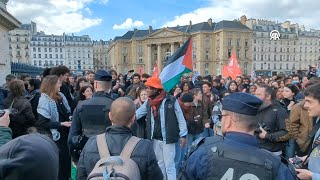 Demonstration in support of Palestine during Macrons speech at the Sorbonne University [upl. by Ymarej]