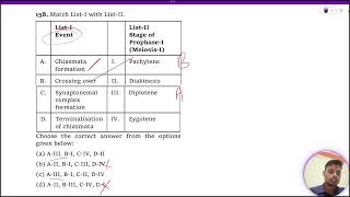 Match ListI with ListII ListI Event ListII Stage of ProphaseI MeiosisI A Chiasmata [upl. by Magnolia]
