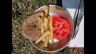 Mess Kit Canteen Cooking Steak and home fries in a vintage Boy Scout Cook set [upl. by Anastase]