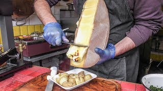 Yummy Swiss Raclette Warm Melted Swiss Cheese with Egg and Potatoes London Street Food [upl. by Nauqyt]