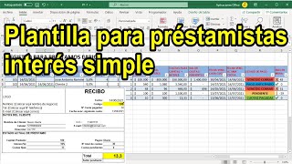 Plantilla excel prestamista interés simple o paga diario con recibo P11 [upl. by Wynny]