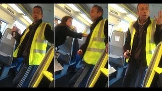 Racist train rant video Drunk man hurls abuse at black man saying I will take your eye out [upl. by Yolande331]