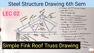 Fink Roof Truss  Simple fink roof truss drawing  Steel Drawing 6th Semester [upl. by Atinram]