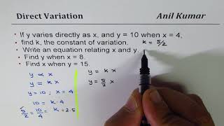 Find Constant of Variation Direct Variation Equation with x  4 and y 10 [upl. by Binnie519]