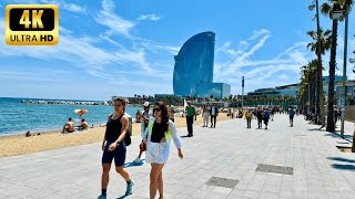 Walking tour Barcelona  🏖️ BEACH WALK  Spain  A spring walk in Barcelona on Sunday day4K [upl. by Hnao]