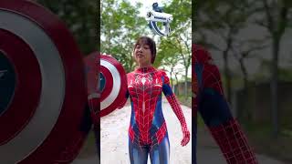 Spidergirl Destroys Demon Mask With Nerf Gun Thors Hammer Captains Shield shorts spiderman [upl. by Nabroc]