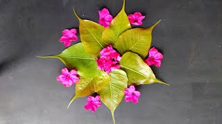 How to make easy rangoli with leaves and flowers  Diwali Rangoli designs  Rangoli with Leaves [upl. by Eihcra]