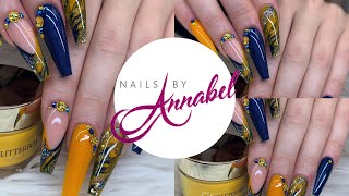 FULL SET Acrylic Nails using Glitterbels Powders Autumn Nails MustardDeep Blue and Gold✨ [upl. by Onaivlis]