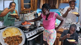 Mamito cooking up a storm for her family  Stew chicken  pumpkin rice  this food really amazing 💯👍 [upl. by Annaig]