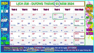 Lịch âm dương tháng 3 năm 2024  Lịch vạn niên tháng 32024 Năm Con Rồng [upl. by Elleneg]