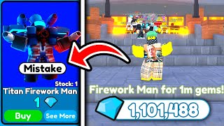 😱BRO MISTAKE🔥 I BOUGHT FOR 1💎 GEM and SOLD FOR 1M💎GEMS TITAN FIREWORK MAN  Toilet Tower Defense [upl. by Nodearb]