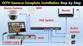 CCTV Camera Installation with NVR  IP Camera Hikvision NVR amp PoE Switch Complete full Installation [upl. by Suaeddaht]