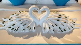 how to make towel folding swanbed decorationbeautiful towel designromantic bedroomswan set up [upl. by Lirret]