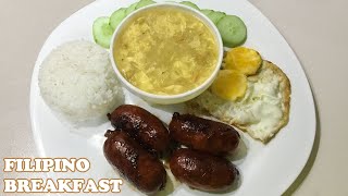 Filipino Breakfast  Cabanatuan Garlic Longganisa Eggs Soup Rice amp Cucumber [upl. by Aierbma]