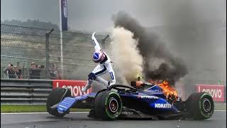 Logan Sargeants car bursts into flames as the Williams driver suffers HUGE CRASHP3 of the Dutch GP [upl. by Deaner251]