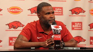 Marcus Woodson talks Arkansas secondary in fall camp [upl. by Resarf]