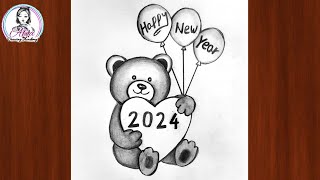 Happy New Year Drawing 2024  Happy New Year Poster  Easy Drawing Tutorial  Pencil Sketch Drawing [upl. by Yrocej]