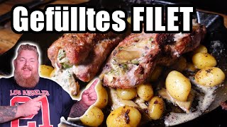 Gefülltes Schweinefilet mit Frischkäse Mix amp knusprigen Kartoffeln  Herbstgrillen im Pelletsmoker [upl. by Santana]