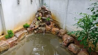 How to make fish pond with water fall using sack and cement in malayalam ചാക്ക് ഉപയോഗിച്ച് മീൻ കുളം [upl. by Erdman]