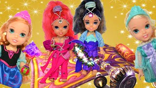 Elsa and Anna Toddlers meet Genies Shimmer and Shine Magic Carpet Ride Elsya and Annya  Dolls [upl. by Ellehsat981]