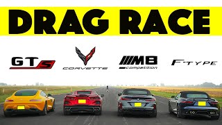 Jaguar FType vs BMW M8 Comp vs Chevy Corvette C8 vs Mercedes Benz AMG GTS Drag and Roll Race [upl. by Searby]