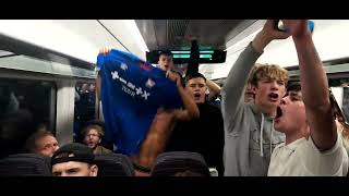 IPSWICH FANS CHANT ALLEZ AND TAKE OVER TRAIN AFTER WOLVES WIN IN CUP [upl. by Ahsinak]