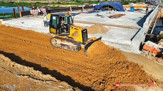 Perfectly Process Motor Grader Grading And Bulldozer Trimming Road Foundation Connection To Bridge [upl. by Clarhe963]