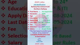 Railway Recruitment Cell Northern Railways Notification 2024 [upl. by Kristen]