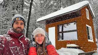 Winter camping in a Tiny Off Grid Cabin in a Snowstorm  20 Inches of Snow [upl. by Walls]