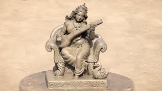 Saraswati murti making 2023  Saraswati thakur banana  clay art idol [upl. by Ailed]