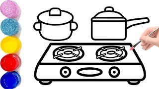 Colourful Pot and Gas Stove easy and Beautiful Drawing easy with Colours [upl. by Einnaf]