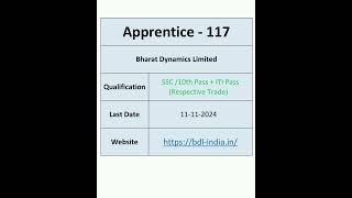 Apprentice in Bharat Dynamics Limited  SSC 10th Pass  ITI Pass Respective Trade [upl. by Kennie104]