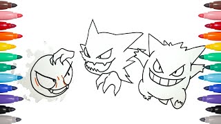 Ghost Pokemon Coloring Book  Coloring Gastly Haunter and Gengar [upl. by Lorianne]