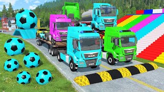 Double Flatbed Trailer Truck vs Speedbumps Train vs Cars  Tractor vs Train BeamngDrive 0195 [upl. by Ahtabat]