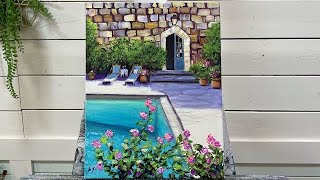 Easy How To Paint POOLSIDE RETREAT 🍹🎨 Acrylic Step by Step Painting Tutorial [upl. by Odnumyar]