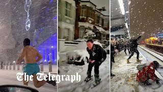 UK snow Londoners seen running skiing and having snowball fights [upl. by Rutter192]