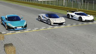 Koenigsegg Jesko vs Rimac Nevera vs Lotus Evija at Monza Full Course [upl. by Ries]